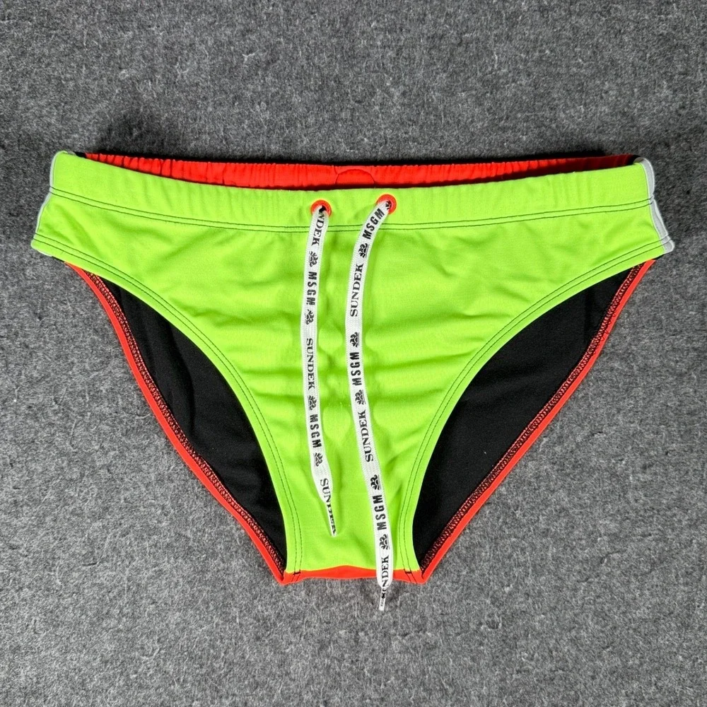 Sundek MSGM Mens Swim Briefs Neon Green Orange Logo Trunks Size M 2840MF200S